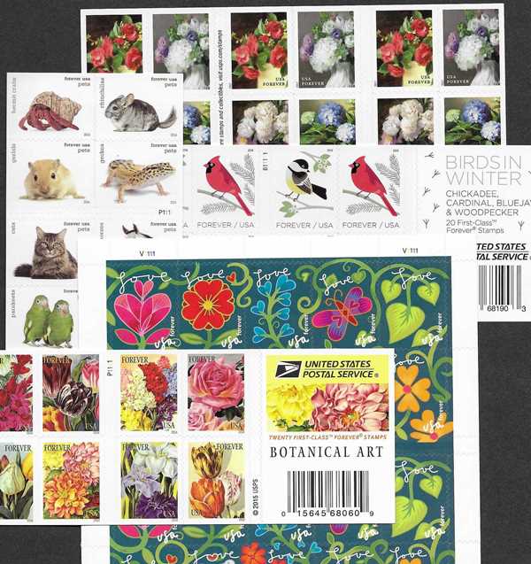 Christmas Lot #5: 50 different Forever Christmas, PLUS Birds, Flowers, Fruits, and LOVE stamps x 20 pieces of each Total of 1,000 Forever stamps Total Face Value is $780.00 You pay only $499.00 FREE SHIPPING